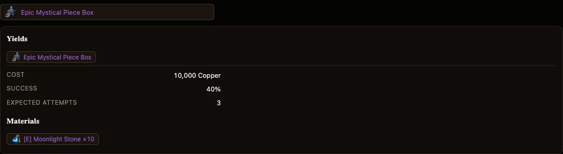 Crafting Material Tree for Epic Mystical Piece Box, showing its 40% success chance and expected attempts